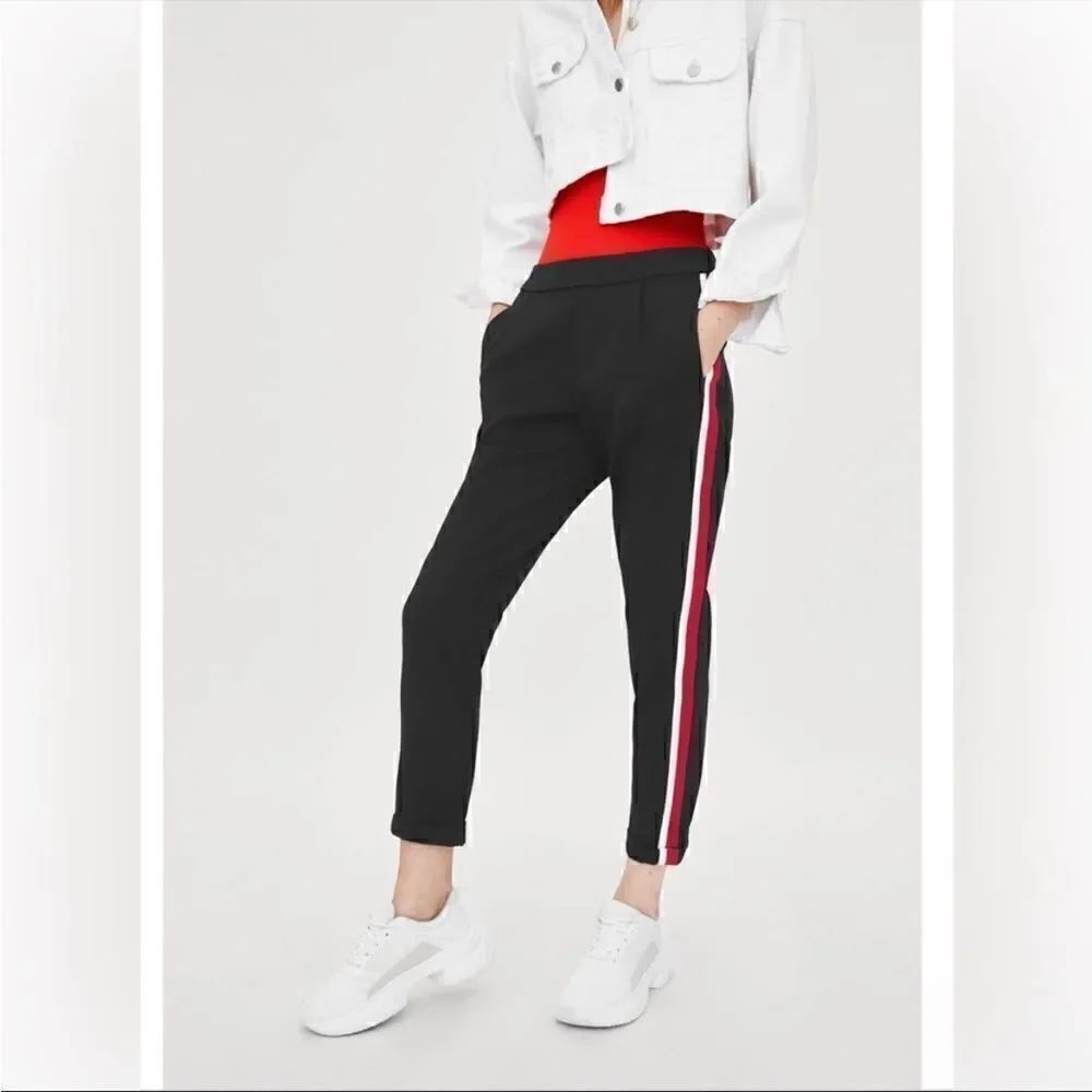 Zara Trafaluc Black Track Joggers with Red and white stripe